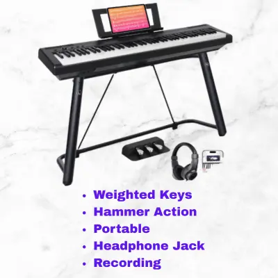 AODSK 88-key weighted digital piano in black with portable design, stable stand, built-in speakers, and MP3 function