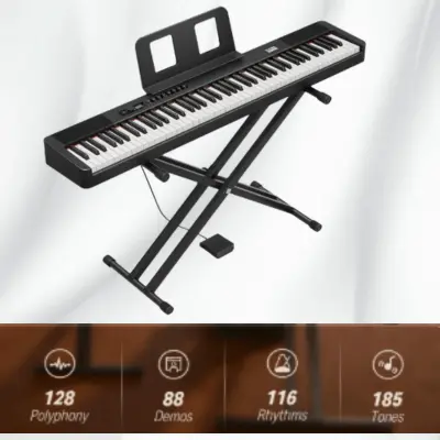 IT IS AN IMAGE OF Donner DEP_20 Lite Beginner Digital Piano 88 Key Weighted (Portable, Stand, Sustain Pedals, Keyboard Stickers for adults)