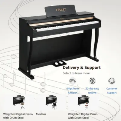 Fesley 88-key weighted digital piano in black with hammer action, triple pedal, and dual 25W speakers